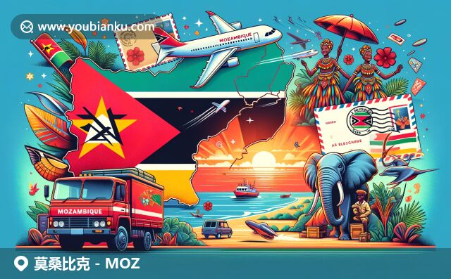 現(xiàn)代藝術描繪莫桑比克風情，郵政元素與傳統(tǒng)文化相融合，展現(xiàn)海岸線和猴面包樹景觀