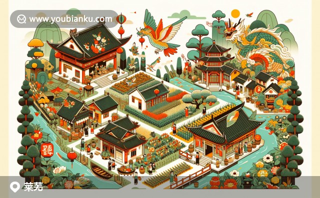 萊蕪生姜、吉山黑雞和綠色鄉(xiāng)村的地方特色插圖，結(jié)合郵政元素展現(xiàn)地方風(fēng)貌與郵政特色