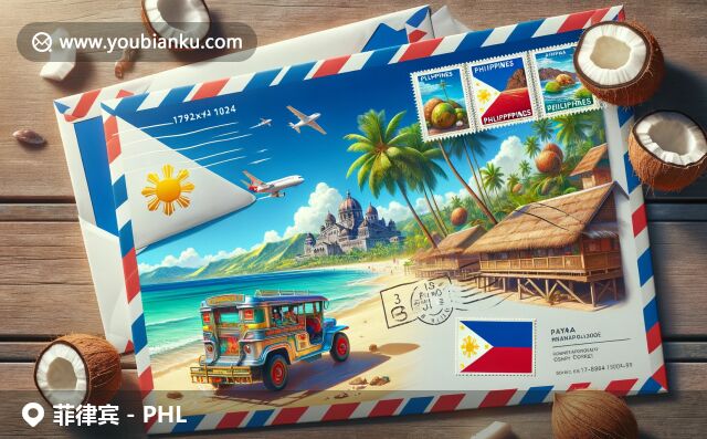 菲律賓地域特色的明信片與航空信封，融入巧克力山、馬尼拉大教堂和吉普尼車郵票，展現(xiàn)熱帶風(fēng)情