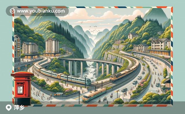 現(xiàn)代插畫展現(xiàn)萍鄉(xiāng)地域特色與郵政元素，融合武功山景觀、特色美食和礦工紀念館