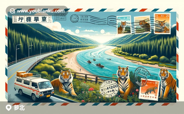 蘿北縣風(fēng)光 - 烏蘇里江，西伯利亞虎林園，郵政明信片與郵政車的合影
