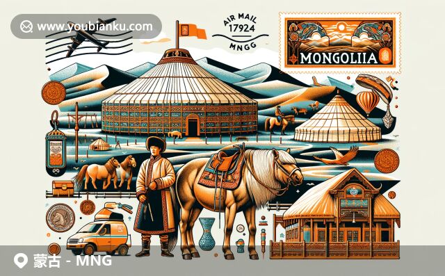 蒙古國傳統(tǒng)與郵政元素的完美融合，展示蒙古包、草原、馬頭琴與航空郵件符號