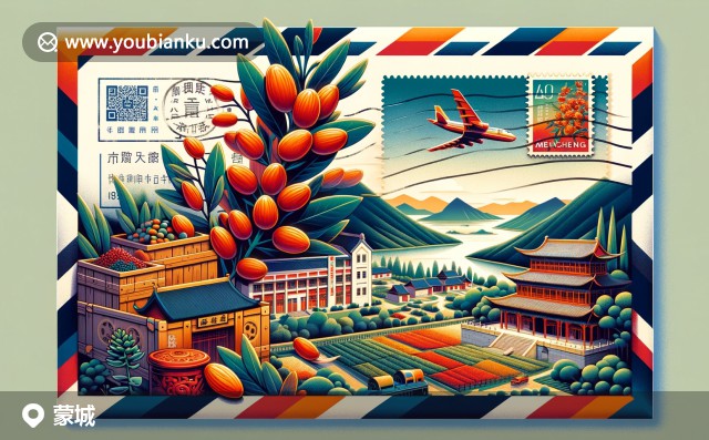 航空郵件插畫展示蒙城縣的淮北平原風光、枸杞象征的農(nóng)業(yè)遺產(chǎn)及古楚秀園的傳統(tǒng)建筑園林