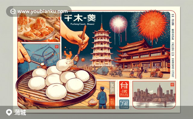 蒲城縣地標(biāo)：核桃、石榴、柿子與715500郵政編碼郵票的現(xiàn)代藝術(shù)展示