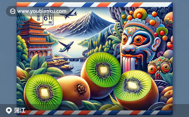 航空郵件信封上的蒲江縣特色 - 峨眉山、獼猴桃與川劇面具郵戳611600