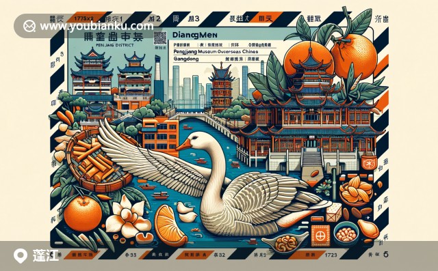 現(xiàn)代插畫(huà)：江門(mén)蓬江區(qū)特色景觀 - 渡頭景區(qū)、開(kāi)平碉樓與郵政元素