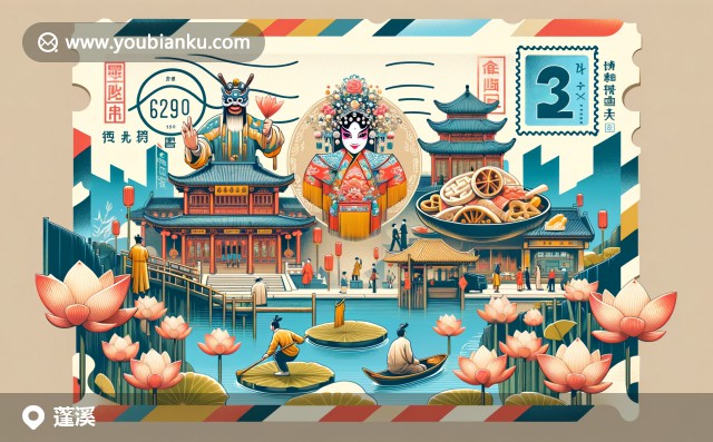 四川省遂寧市蓬溪縣插圖：特色川劇面具、荷花池塘與傳統(tǒng)美食，郵政編碼629100的郵政主題藝術(shù)呈現(xiàn)
