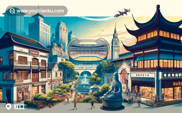 虹口足球場，外灘風景與生煎包 - 融合航空信封元素的虹口區(qū)郵票明信片