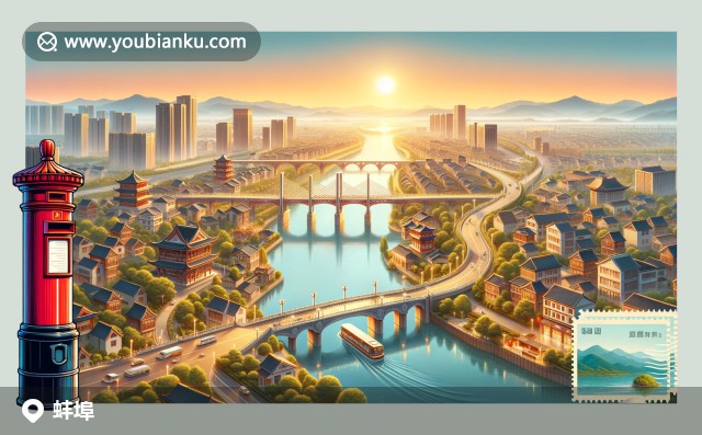 蚌埠淮河大鐵橋與五河螃蟹的地域象征，融合中國風(fēng)郵票與傳統(tǒng)郵筒