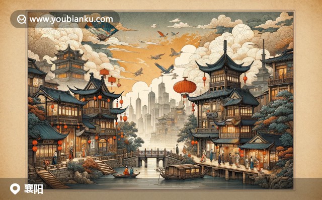 襄陽(yáng)古城墻下的牛肉面與航空信封 - 展示歷史、美食與郵政特色的現(xiàn)代藝術(shù)