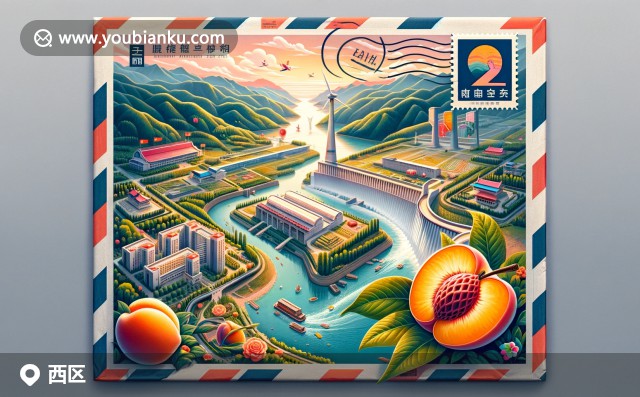 四川省攀枝花市西區(qū)插畫：桃子、二灘水電站與金沙江，展現(xiàn)農(nóng)業(yè)、能源與自然風(fēng)光的現(xiàn)代藝術(shù)融合