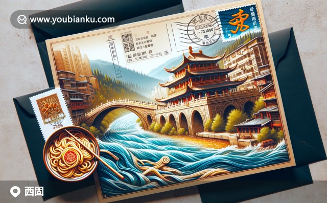 精美郵件信封上的西固區(qū)明信片，包含黃河、中山橋與蘭州牛肉面，郵政編碼730060