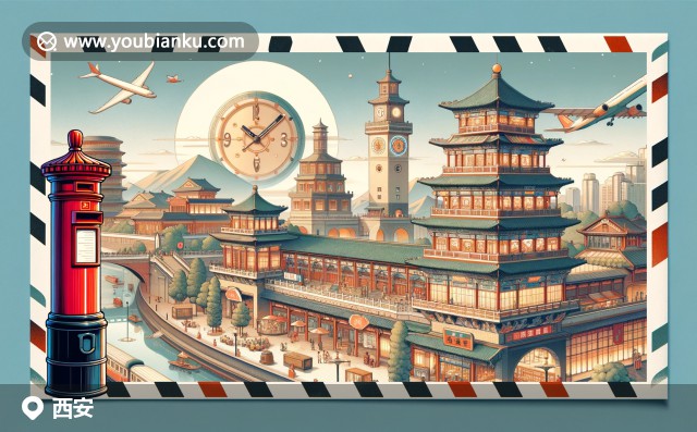 現(xiàn)代插畫風格展現(xiàn)西安文化與郵政元素融合，鐘樓、古城墻、肉夾饃、秦腔面具等特色盡顯