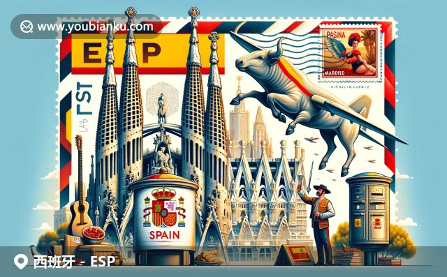 充滿西班牙文化特色的現(xiàn)代插畫，展現(xiàn)圣家族大教堂和皇宮，西班牙郵政元素和美食文化