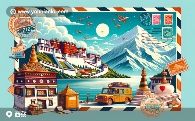 西藏自然與文化盛景：布達(dá)拉宮、岡仁波齊峰和納木錯(cuò)，融合郵政元素