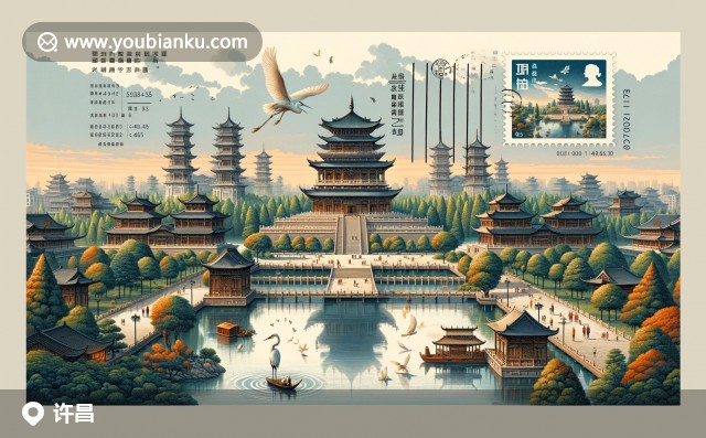 河南省許昌縣春秋樓郵票與鈞瓷制作的現(xiàn)代藝術寬幅明信片，郵編461000