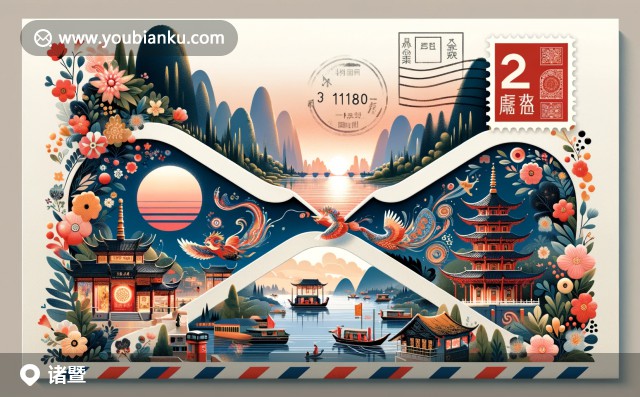 航空郵件信封設(shè)計(jì)：諸暨市風(fēng)景，大佛寺，西施節(jié)，西江漁船，郵戳311800與花卉裝飾