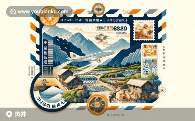 貢井區(qū)郵票插畫 - 重灘村風(fēng)景，航空信封上的643020郵政編碼，鹽井象征與郵政文化