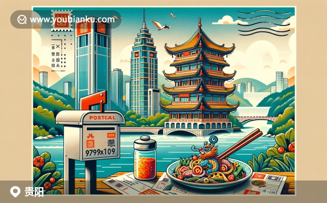 貴陽青巖古鎮(zhèn)、花溪風(fēng)景名勝區(qū)和酸辣粉的自然風(fēng)光與美食，搭配郵政元素如郵票和郵戳