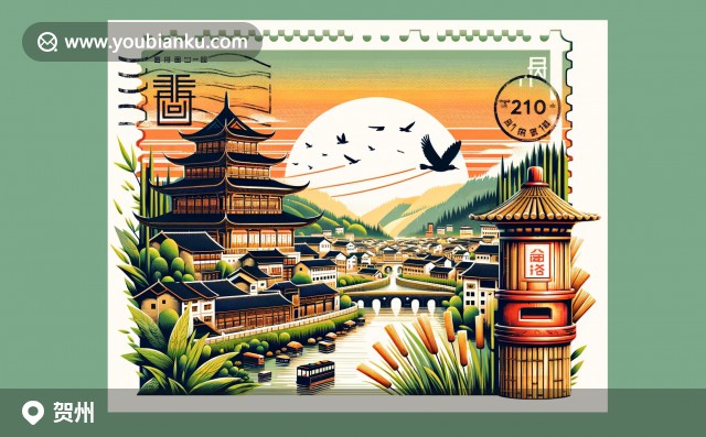融合賀州三大特色：古鎮(zhèn)建筑、壯錦文化藝術(shù)和銀杏，加入中國郵政元素的明信片
