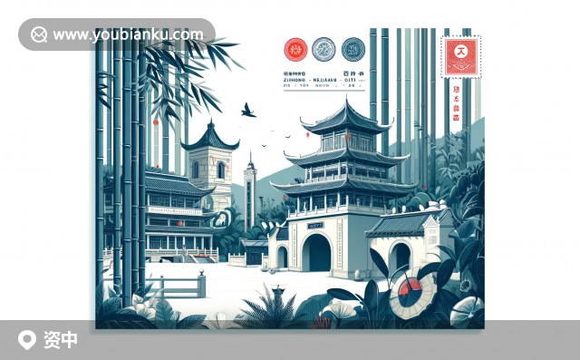 航空信封上的‘資中 641200’郵戳與資中縣歷史古城墻、蜜桔和書法藝術(shù)的現(xiàn)代插畫展示