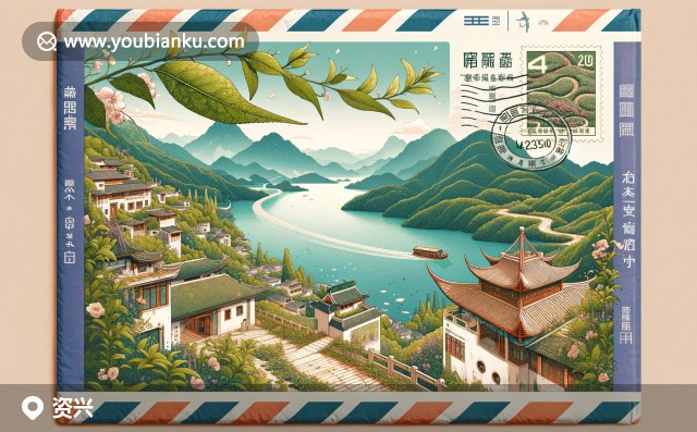 東江湖風光與梅關(guān)古道郵票 - 資興茶與423400郵政編碼的創(chuàng)意插畫