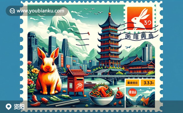 益陽資陽區(qū)特色：古建筑、資水河與地方美食的航空主題藝術(shù)圖，413000郵戳背景