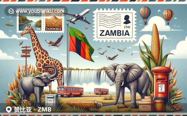 贊比亞地域與郵政完美結(jié)合，展示國旗、維多利亞瀑布、野生動物和農(nóng)業(yè)特色，呈現(xiàn)多元文化