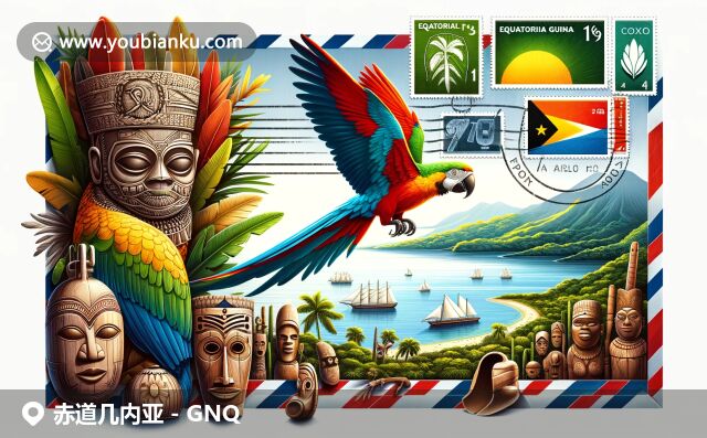 赤道幾內(nèi)亞獨特郵政文化與自然風光完美融合，插畫展現(xiàn)國旗、灰鸚鵡等元素