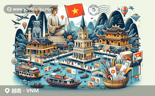 越南地標(biāo)與文化呈現(xiàn)，展示胡志明紀(jì)念堂、下龍灣石灰?guī)r島、會安古建筑、湄公河三角洲水上市場等