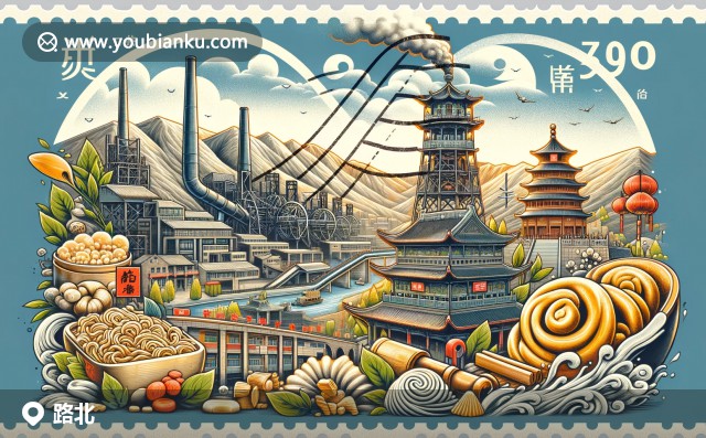 展現(xiàn)河北省唐山市路北區(qū)獨特魅力：航空信封上的063000郵編、工業(yè)力量象征的礦山設(shè)備、地震紀(jì)念碑的歷史記憶以及南湖公園的自然風(fēng)光
