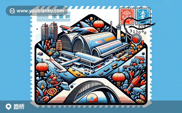 寬幅信封上的路橋地標(biāo)：機(jī)場(chǎng)、傳統(tǒng)拱橋與海鮮郵票，318000郵編展示現(xiàn)代與地方風(fēng)情