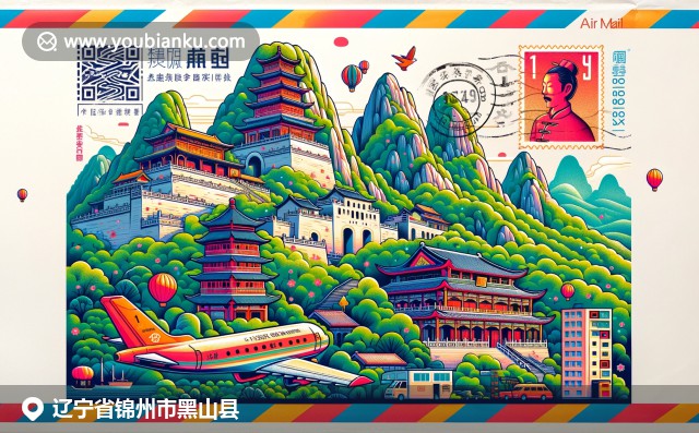 黑山縣美景與文化的融合，展示義烏綠山、呂山豬和廣濟寺，巧妙融入航空郵件信封設(shè)計