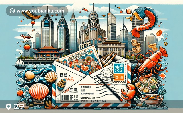 現(xiàn)代插畫展現(xiàn)遼寧省文化與郵政融合，大連海鮮與傳統(tǒng)小吃角色化呈現(xiàn)