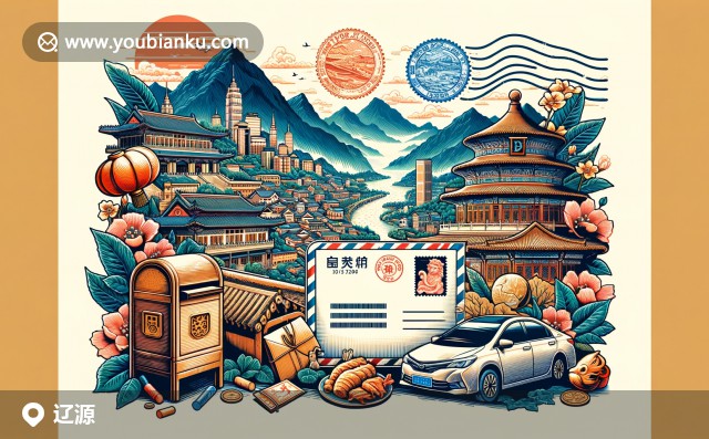 現(xiàn)代航空郵件信封融入中國(guó)風(fēng)郵票與遼源自然景觀，在色彩和諧中展示城市獨(dú)特魅力與郵政文化