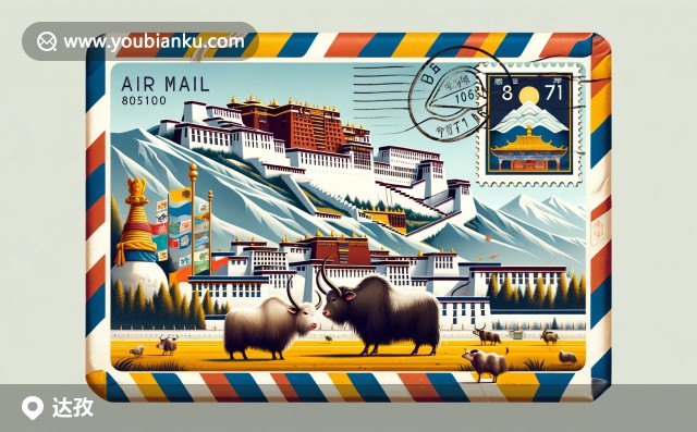 西藏拉薩達(dá)孜縣：歷史文化的象征-布達(dá)拉宮，色彩與靈性的五彩經(jīng)幡，以及農(nóng)業(yè)與自然的藏牦牛 - 郵政編碼850100的現(xiàn)代插畫設(shè)計(jì)