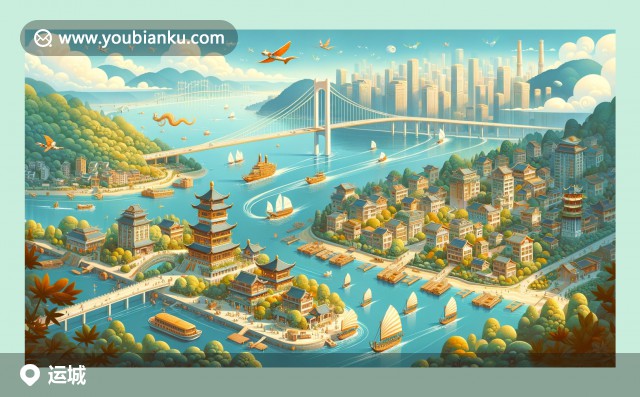 現(xiàn)代插畫風(fēng)格展現(xiàn)運(yùn)城鹽湖、蘋果和大盤雞，融入郵政元素