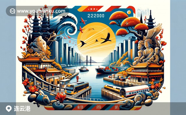 展現(xiàn)連云港郵政文化與老街特色，中國(guó)風(fēng)郵票與郵筒，色彩鮮明線條流暢