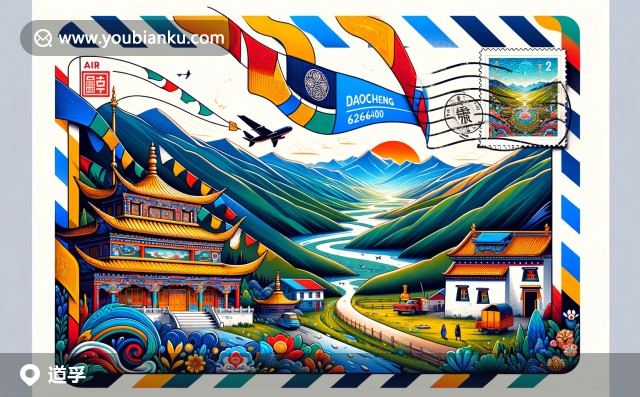 道孚縣藏式建筑與五彩經(jīng)幡的美麗插圖，展示亞丁保護(hù)區(qū)郵票和寧靜景色