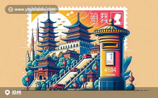 現(xiàn)代風格插圖展示著二七紀念塔、少林寺和燴面航空郵件，華麗中國郵戳郵票點綴
