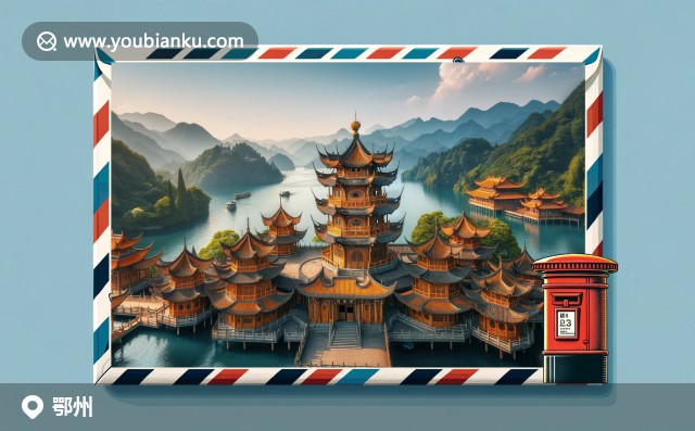 展現(xiàn)鄂州地域特色與郵政文化融合，觀音閣和西山美景與航空郵件信封相得益彰