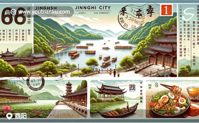 重慶酉陽(yáng)郵票插畫(huà)：特色懸崖村落與綠色山水背景