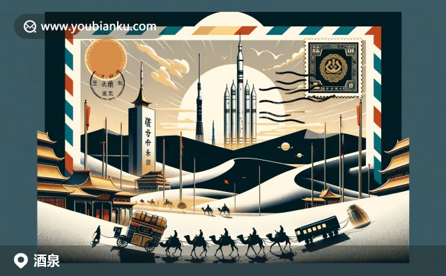 結(jié)合酒泉衛(wèi)星發(fā)射中心與古絲綢之路歷史，展現(xiàn)沙漠景觀與中國郵政元素的插圖設(shè)計(jì)