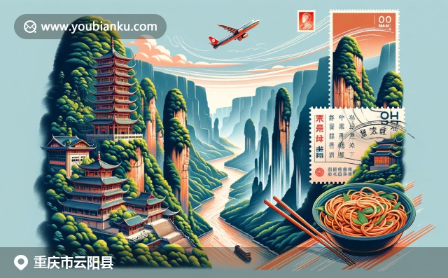 現(xiàn)代航空郵件信封中展現(xiàn)重慶云陽縣的龍缸國家地質(zhì)公園、石寶寨和云陽面，結(jié)合中國郵政元素和自然景觀