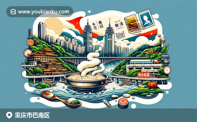 展現(xiàn)重慶巴南區(qū)地域特色與郵政主題融合：郵票信封與長江美景、溫泉公園、火鍋共同構成