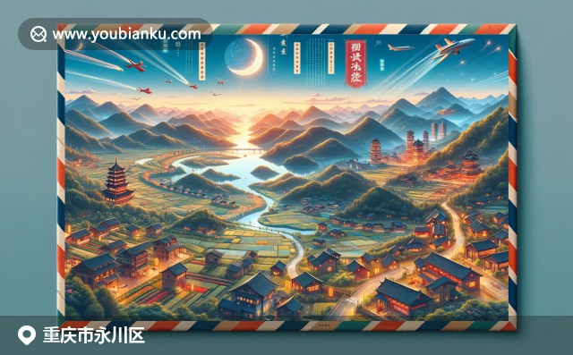 永川區(qū)地域風光與郵政元素結(jié)合，呈現(xiàn)現(xiàn)代插畫風格的航空郵件信封