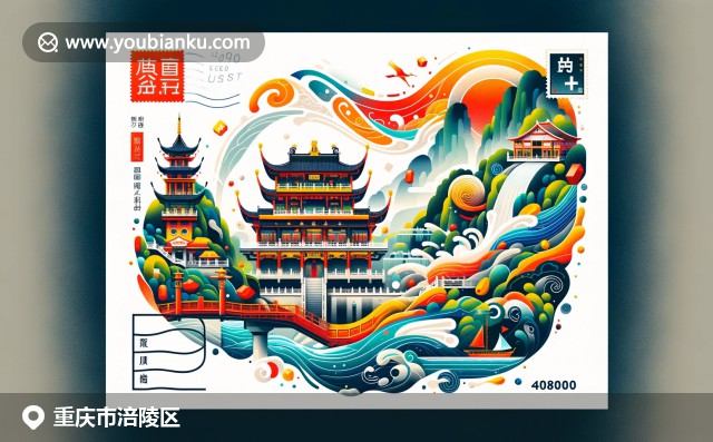 重慶涪陵區(qū)特色元素：張飛廟、涪陵榨菜、白鶴梁水下博物館，與中國郵政元素巧妙融合