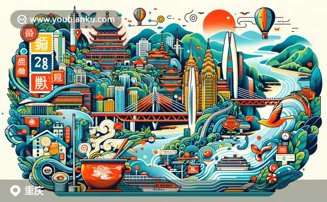 重慶地標(biāo)與郵政文化融合，插畫(huà)展現(xiàn)大足石刻、火鍋和解放碑，展示地方特色與當(dāng)代藝術(shù)風(fēng)格