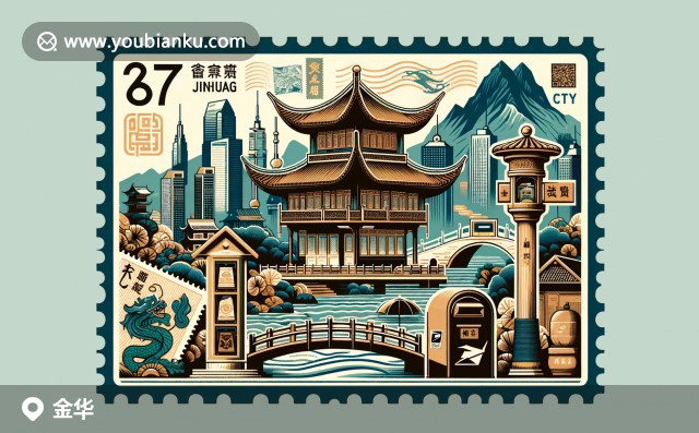 金華地域特色插圖，展現(xiàn)火腿、橫店影視城、婺派建筑，融入航空郵政元素