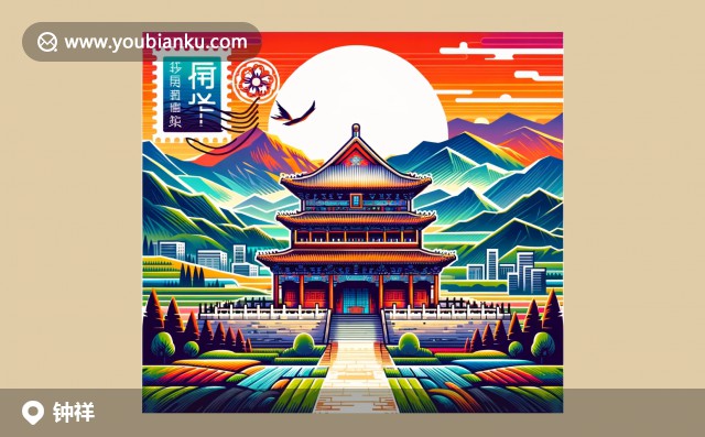 現(xiàn)代插畫風(fēng)格的鐘祥市明信片，展示隋唐大運(yùn)河遺址與荊門關(guān)，帶有郵政元素和郵政編碼431900